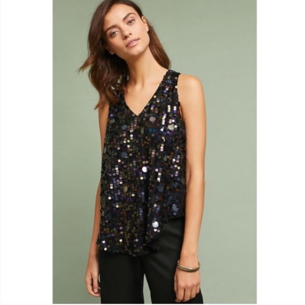 Anthropologie NWT Black Sequined Top